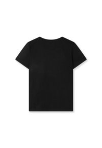 Camiseta negra lisa de manga corta mostrada desde atrás sobre un fondo blanco.