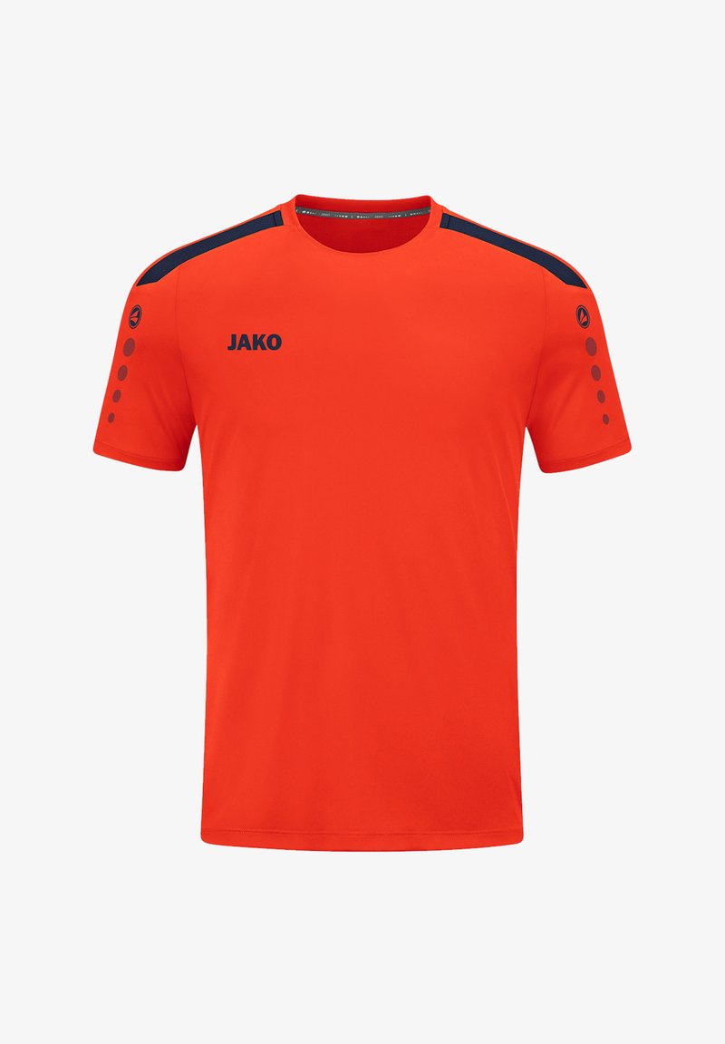 Rotes Sport-T-Shirt aus atmungsaktivem Stoff, mit marineblauen Schulterakzenten und drei runden Details an jedem Ärmel. Logo auf der Brust.