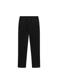 Pantalon noir en tissu lisse, avec une coupe décontractée, une taille élastique et deux plis à l'avant pour plus de détail et de style.