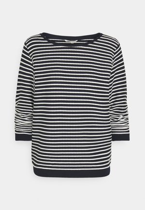 Schwarz-weiß gestreifter Langarmpullover mit rundem Ausschnitt sowie gerippten Bündchen und Saum, vor einfarbigem Hintergrund präsentiert.