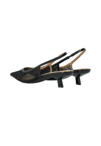 Mustad pitsist sling-back kingad terava varba ja väikese plokktallaga. Omavad vampil ümmarguse läbiva lõike detaili ja läikivat viimistlust.