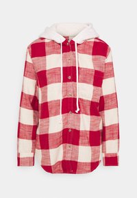 Red and white plaid shirt with a white fleece-lined hood, buttons down the front, and a chest pocket. Made of woven fabric.