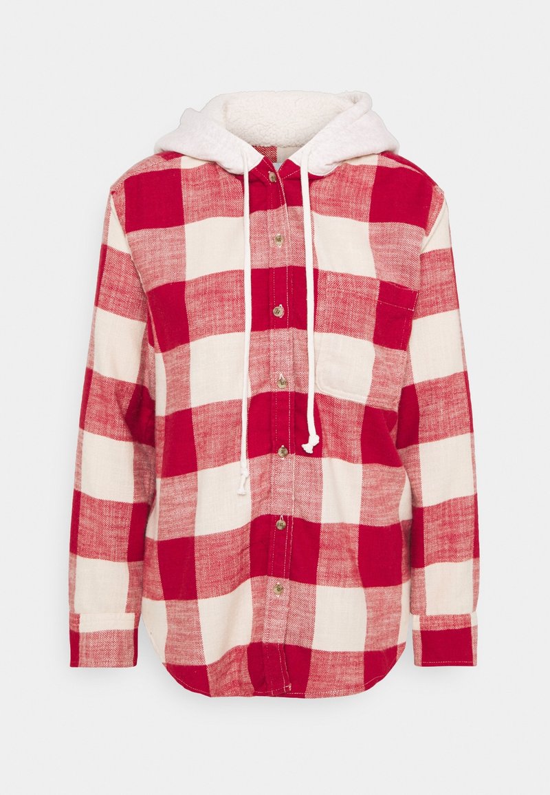 Red and white plaid shirt with a white fleece-lined hood, buttons down the front, and a chest pocket. Made of woven fabric.
