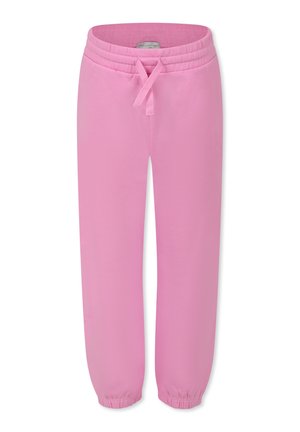 Różowe dresy z miękkiego materiału, z elastycznym pasem z sznurkiem oraz elastycznymi mankietami przy kostkach.