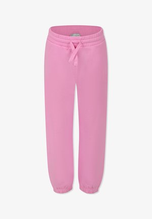 Różowe dresy z miękkiego materiału, z elastycznym pasem z sznurkiem oraz elastycznymi mankietami przy kostkach.