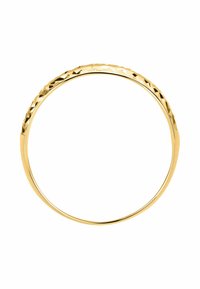 Gold ring featuring a polished and textured surface with a faceted design, circular shape, and smooth edges.