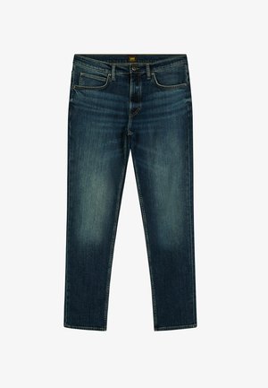 Tumesinised teksapüksid kergete pleekimistega, sirge säärega, viie taskuga ja messingist nööpkinnitusega. Lee kaubamärgi silt vöökohal.