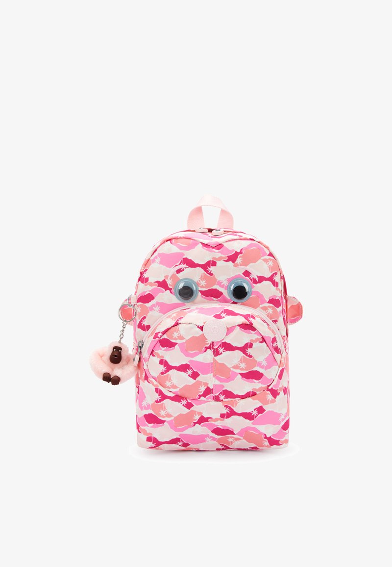 Zaino rosa con un motivo ondulato, caratterizzato da grandi occhi di plastica, un tirazip rotondo e un charm a forma di scimmia pelosa come portachiavi.
