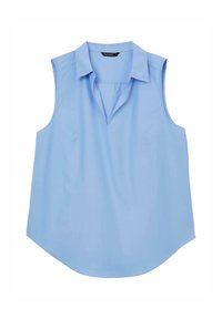 Blusa senza maniche azzurro chiaro con colletto, scollatura a V e orlo curvo. Realizzata in tessuto liscio con un design semplice e pulito.