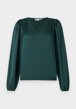 Green satin blouse with a V-neck, long puff sleeves, and gathered detailing on the shoulders. Smooth texture and relaxed fit.