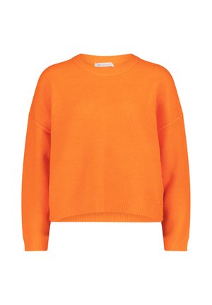 Pull tricoté orange vif à manches longues avec poignets et ourlet côtelés, col rond et une couture d'épaule légèrement abaissée.