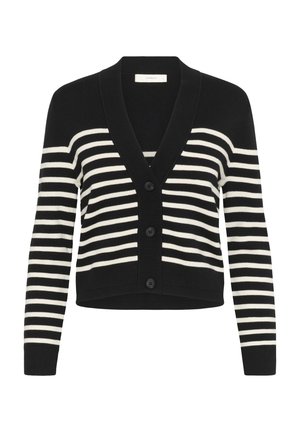 Cardigan a righe bianche e nere con scollatura a V profonda, polsini a coste e cinque bottoni frontali. Realizzato in un morbido materiale a maglia testurizzato.