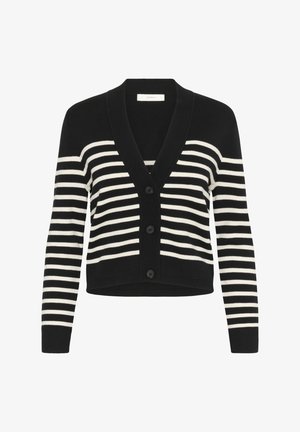 Fekete-fehér csíkos kardigán mély V-nyakkal, bordás mandzsettával és öt gombbal az elülső részen. Puha, texturált kötött anyagból készült.