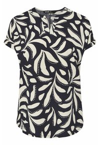 Blusa blu navy a maniche corte in tessuto testurizzato, con un motivo di foglie bianche e pois, e una vestibilità comoda con scollatura a V poco profonda.
