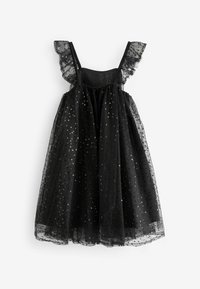 Robe noire avec une superposition en tulle évasé ornée de sequins, des bretelles ajustables et des accents froncés aux épaules.