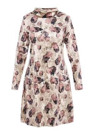 Cvetna velur obleka z dolgimi rokavi, z odprtim ovratnikom, bež ozadjem in rožnatimi ter mornarsko modrimi vzorci po celotni obleki.