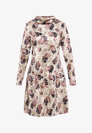 Virágos velúr ruha hosszú ujjakkal, cseppnyakú kialakítással, bézs háttérrel, valamint rózsaszín és tengerészkék virágmintákkal az egész anyagon.