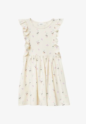 KURZES MIT ALL-OVER-PRINT UND VOLANTÄRMELN - Haljina od žerseja - creme