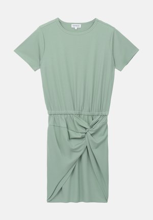 Light green short-sleeve dress made of soft fabric, featuring an elastic waist with a knotted detail at the front and flowy skirt.