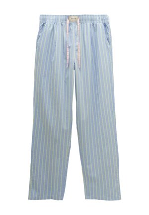 Light blue pajama pants with vertical yellow stripes, elastic waistband, pink drawstring, and pockets.