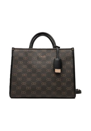 Borsa Liu Jo marrone con motivo a logo stampato, manici neri e una targhetta in pelle nera appesa a un manico.