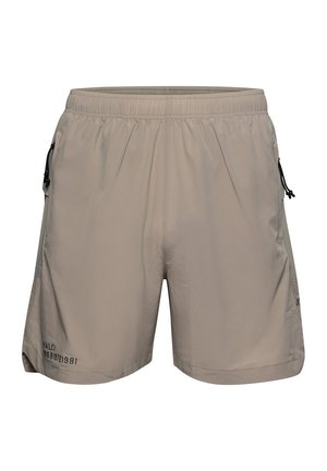 Lichtbeige shorts van zachte stof, met een elastische tailleband, trekkoord, zijzakken en subtiele branding op de zoom.