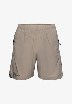 Lichtbeige shorts van zachte stof, met een elastische tailleband, trekkoord, zijzakken en subtiele branding op de zoom.