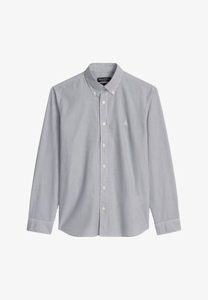 Herrenhemd mit langen Ärmeln, dünnen vertikalen Streifen, Knopfleiste am Kragen und dezentem Brustlogo.