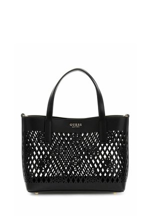 Borsa tote nera di Guess con design a motivo a rete, dettagli floreali, doppi manici e logo dorato "GUESS EST 1981" sulla parte superiore frontale.