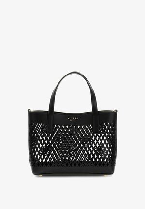 Borsa tote nera di Guess con design a motivo a rete, dettagli floreali, doppi manici e logo dorato "GUESS EST 1981" sulla parte superiore frontale.