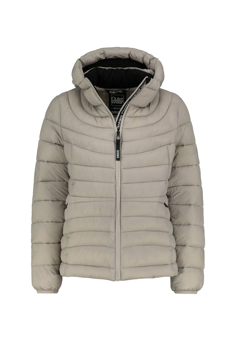 Helle graue Daunenjacke mit hohem Kragen und Kapuze, horizontal gestepptem Design, Reißverschlüssen und elastischen Bündchen. Verfügt über ein schwarzes Futter und ein Logodetail.