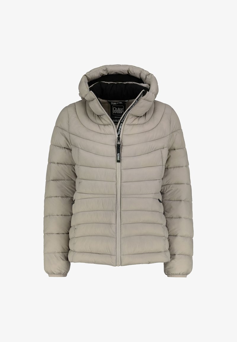 Helle graue Daunenjacke mit hohem Kragen und Kapuze, horizontal gestepptem Design, Reißverschlüssen und elastischen Bündchen. Verfügt über ein schwarzes Futter und ein Logodetail.