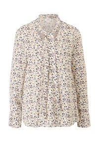 Blusa a fantasia con colletto di colore crema, caratterizzata da motivi astratti multicolori in arancione, blu navy e nero. Maniche lunghe con polsini bottone.