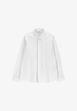 Biała koszula na długi rękaw z kołnierzykiem, ukrytymi guzikami z przodu oraz małym haftowanym logo na piersi.