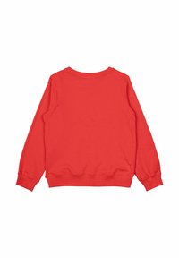 Červená mikina s hřejivým límcem a manžetami, s jednoduchým designem a jemnou texturou. Zadní pohled neukazuje žádné další vzory nebo detaily.