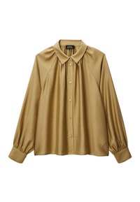 Chemise à manches longues, avec col, d'une teinte marron clair. Fabriquée dans un tissu lisse et brillant, avec fermeture à boutons et manches bouffantes. Design à coupe décontractée.