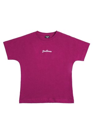 T-shirt viola a maniche corte con la scritta "Disclaimer" in bianco centrata sul petto, mostrata su sfondo bianco.