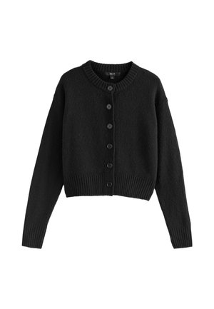 Black cropped cardigan made of textured knit material, featuring a round neck, ribbed cuffs, and six front buttons for closure.