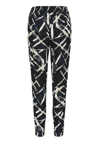Pantaloni neri con un motivo astratto bianco e blu, vita elasticizzata e polsini affusolati, realizzati in tessuto leggero.