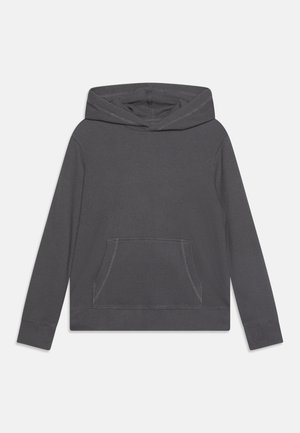 Sweat à capuche gris foncé à manches longues avec poche kangourou à l'avant et poignets côtelés, posé à plat sur un fond clair.