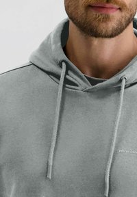 Lichtgrijze hoodie met een trekkoord, zachte textuur, een kangoeroe-pocket en een klein logo op de borst. Klassiek pullover ontwerp.