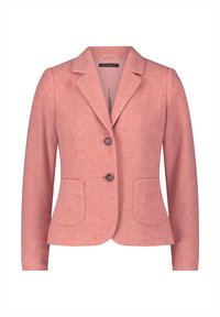 Vaaleanpunainen villablazer, jossa on lovettu kaulus, kaksi nappia ja kaksi etutaskua. Materiaalissa on teksturoitu pinta.