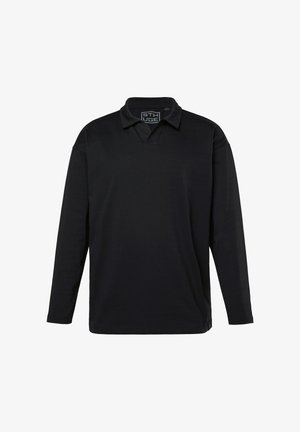 Schwarzes Langarm-Polohemd aus weichem Stoff. Mit einem Kragen, einem V-Ausschnitt-Design und einem lockeren Schnitt. Keine sichtbaren Muster oder Akzente.