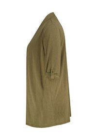 Top olive vert à manches courtes avec une coupe décontractée, présentant un détail de manches roulées à boutons et une finition en tissu lisse et texturé.