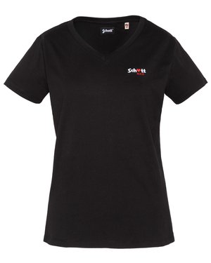 T-shirt nera con scollo a V e maniche corte, con piccolo logo "Schott N.Y.C" bianco e rosso sul petto sinistro e etichetta con taglia all'interno del colletto.