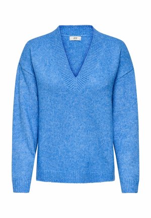 Blue v-neck sweater made from soft, knitted material. Features long sleeves and a relaxed fit with ribbed cuffs and hem.