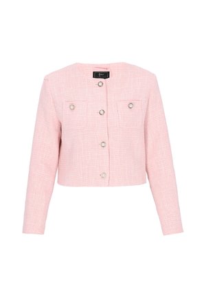 Veste rose recadrée en tissu texturé, avec boutons argentés et deux poches avant. Encolure ronde simple et manches longues.