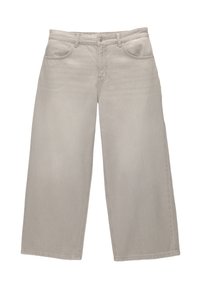 Pantalon en denim beige clair à jambes larges avec bouton et fermeture éclair à l'avant, passants pour ceinture et poches avant.