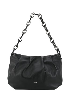 Black leather handbag with pleated design, featuring a chunky black chain strap and small branding at the front. Smooth texture.