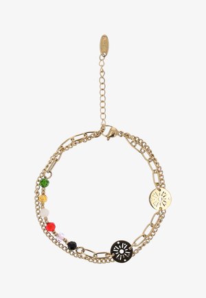 Gouden armband met dubbele ketting, multikleurige kralen en twee ronde zonnestraalbedeltjes, één zwart en één goudkleurig, met verstelbare sluiting.